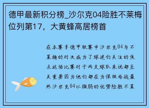 德甲最新积分榜_沙尔克04险胜不莱梅位列第17，大黄蜂高居榜首