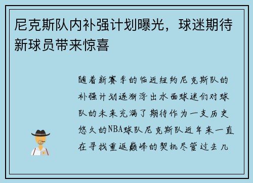 尼克斯队内补强计划曝光，球迷期待新球员带来惊喜